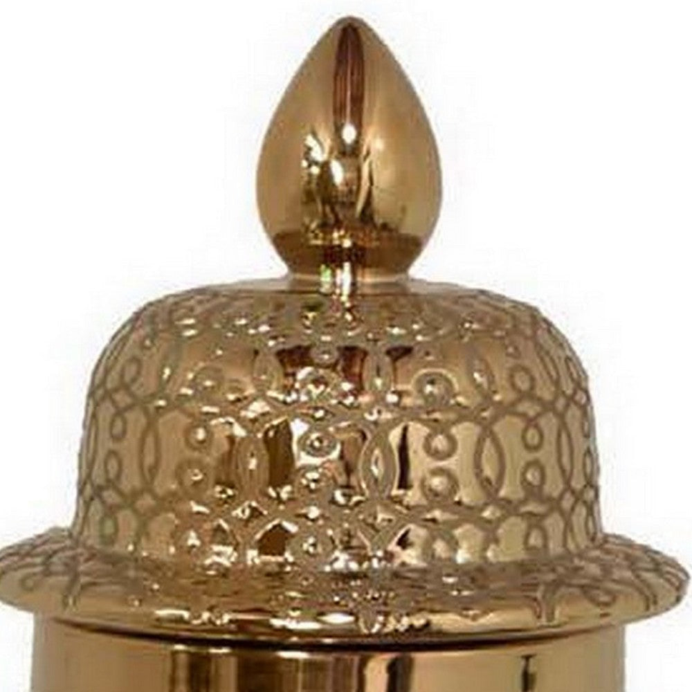 Deni 25 Inch Temple Jar Large Classic Curved Design Lid Gold Ceramic By Casagear Home BM309965