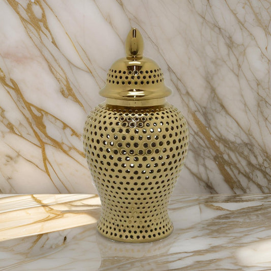 Deni 25 Inch Temple Jar, Small Carved Cut Out Lattice, Lid, Gold Ceramic By Casagear Home