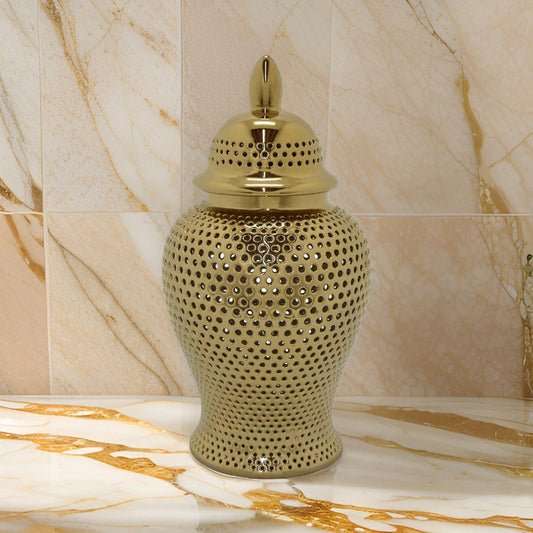 Deni 25 Inch Temple Jar, Large Carved Cut Out Lattice, Lid, Gold Porcelain By Casagear Home