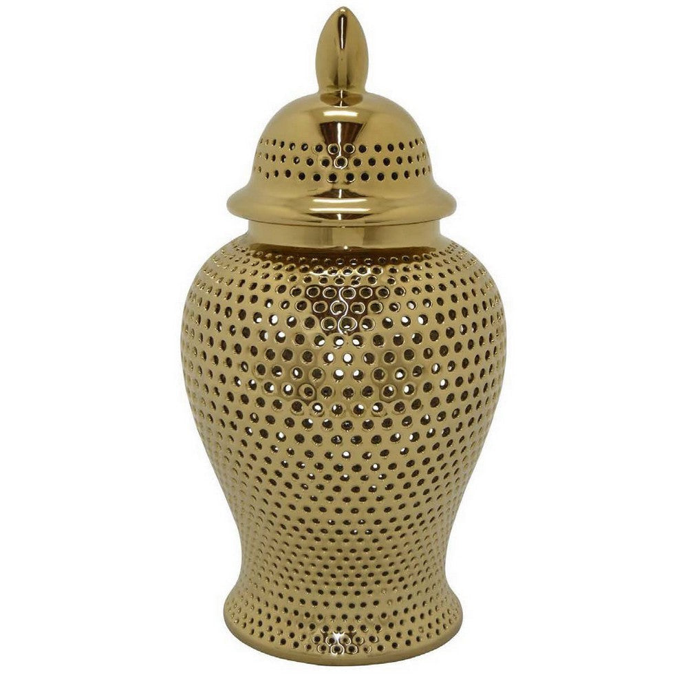 Deni 25 Inch Temple Jar Large Carved Cut Out Lattice Lid Gold Porcelain By Casagear Home BM309968