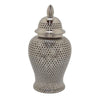 Deni 25 Inch Temple Jar Large Carved Lattice Design with Lid Silver By Casagear Home BM309970