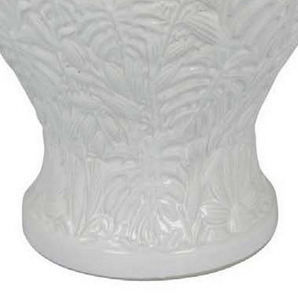 Deni 18 Inch Temple Jar Embossed Design Removable Lid White Finish By Casagear Home BM309972