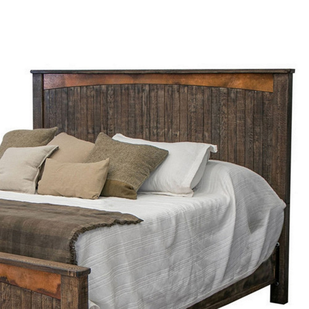 Brun King Size Bed Pine Wood Frame Planked Design Dark Rustic Brown By Casagear Home BM309973