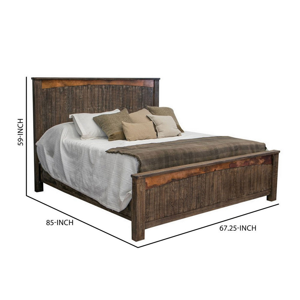 Brun Queen Size Bed Pine Wood Planked Design Rustic Brown Copper Accents By Casagear Home BM309974