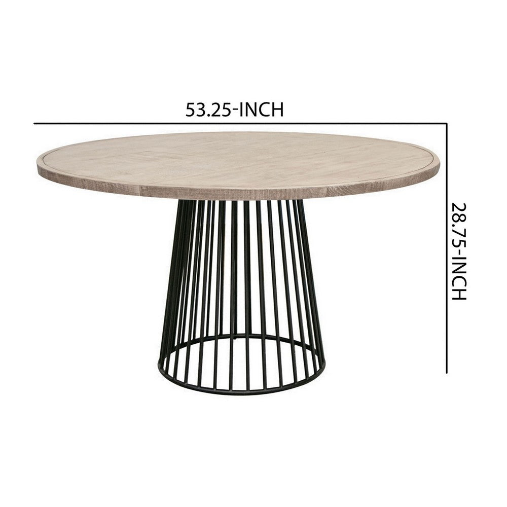 Aose 53 Inch Dining Table Pine Wood Round Top Conical Black Metal Base By Casagear Home BM309976