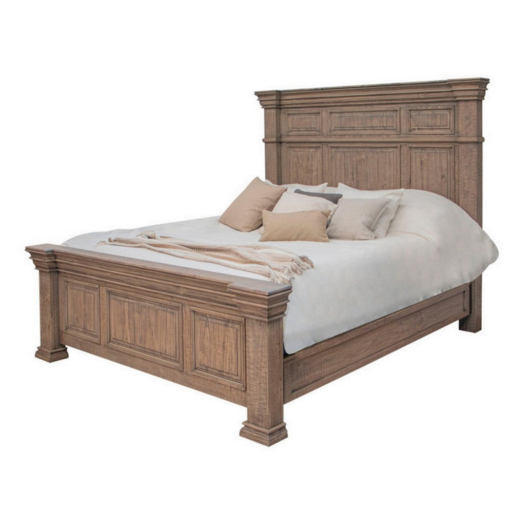 Riel King Size Bed Solid Pine Wood with Molded Details Wire Brushed Brown By Casagear Home BM309985