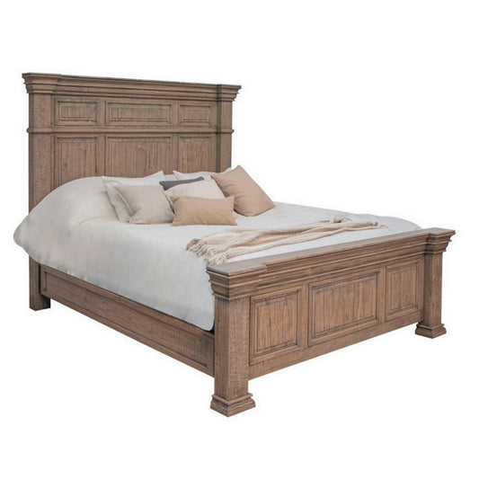 Riel King Size Bed, Solid Pine Wood with Molded Details, Wire Brushed Brown By Casagear Home