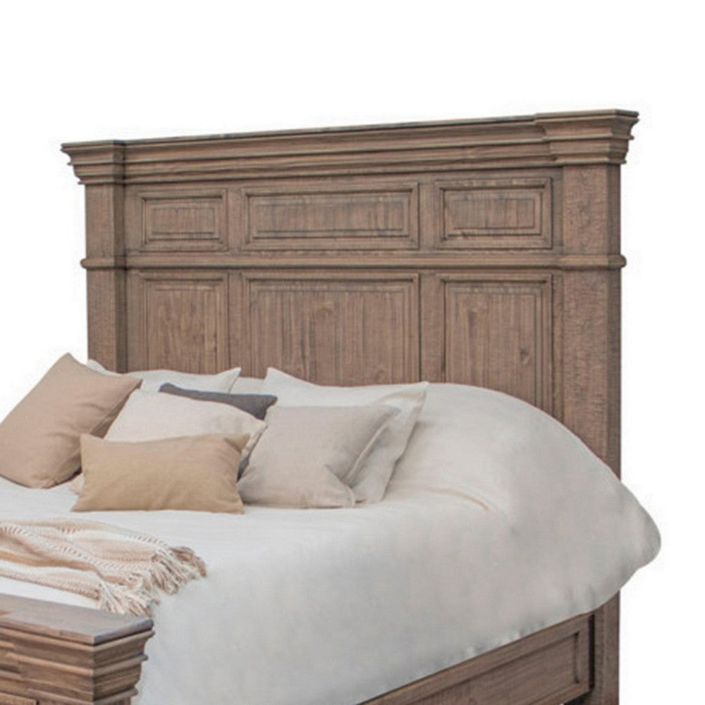 Riel Queen Size Bed Solid Pine Wood Molded Details Wire Brushed Brown By Casagear Home BM309986