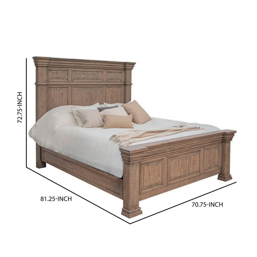 Riel Queen Size Bed Solid Pine Wood Molded Details Wire Brushed Brown By Casagear Home BM309986