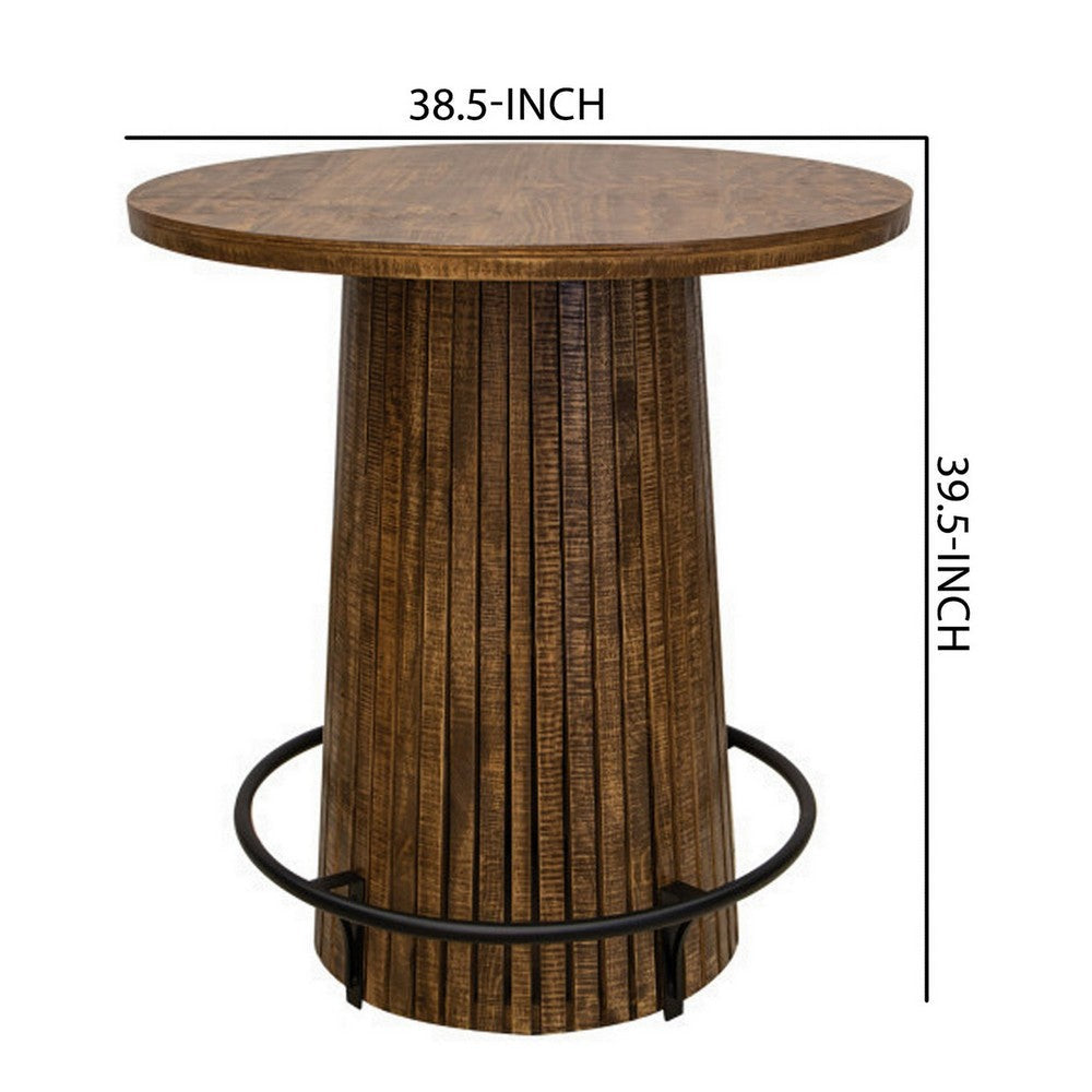 Texu 39 Inch Bistro Table Round Top Brown Pine Wood Black Iron Footrest By Casagear Home BM309988