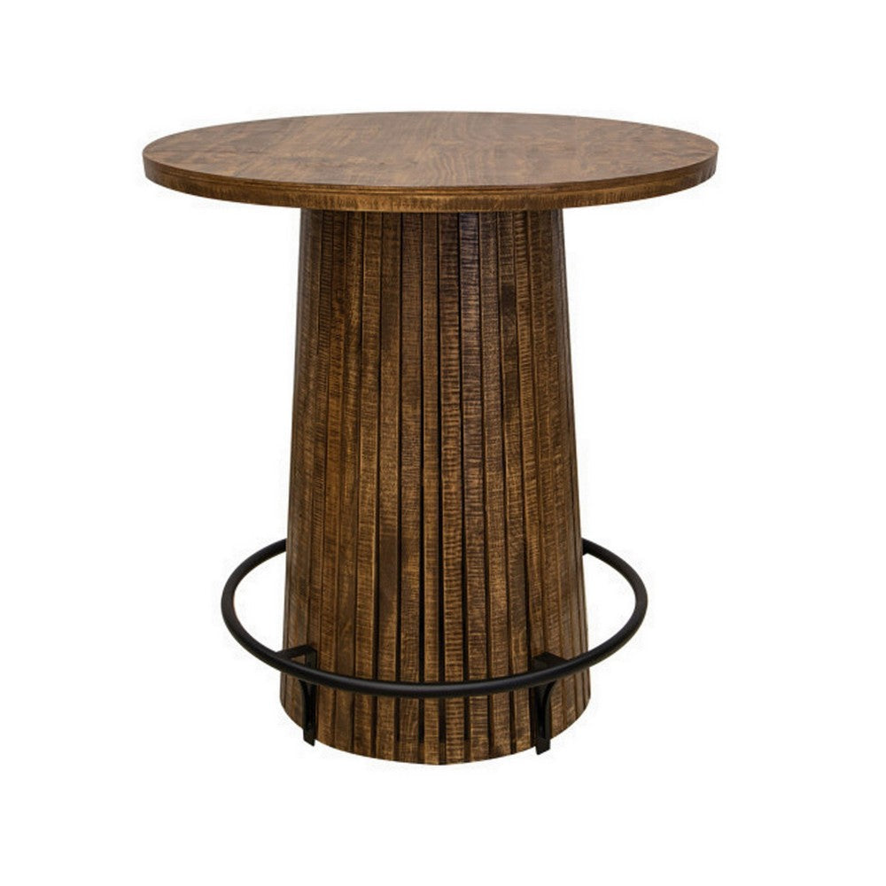 Texu 39 Inch Bistro Table, Round Top, Brown Pine Wood, Black Iron Footrest By Casagear Home