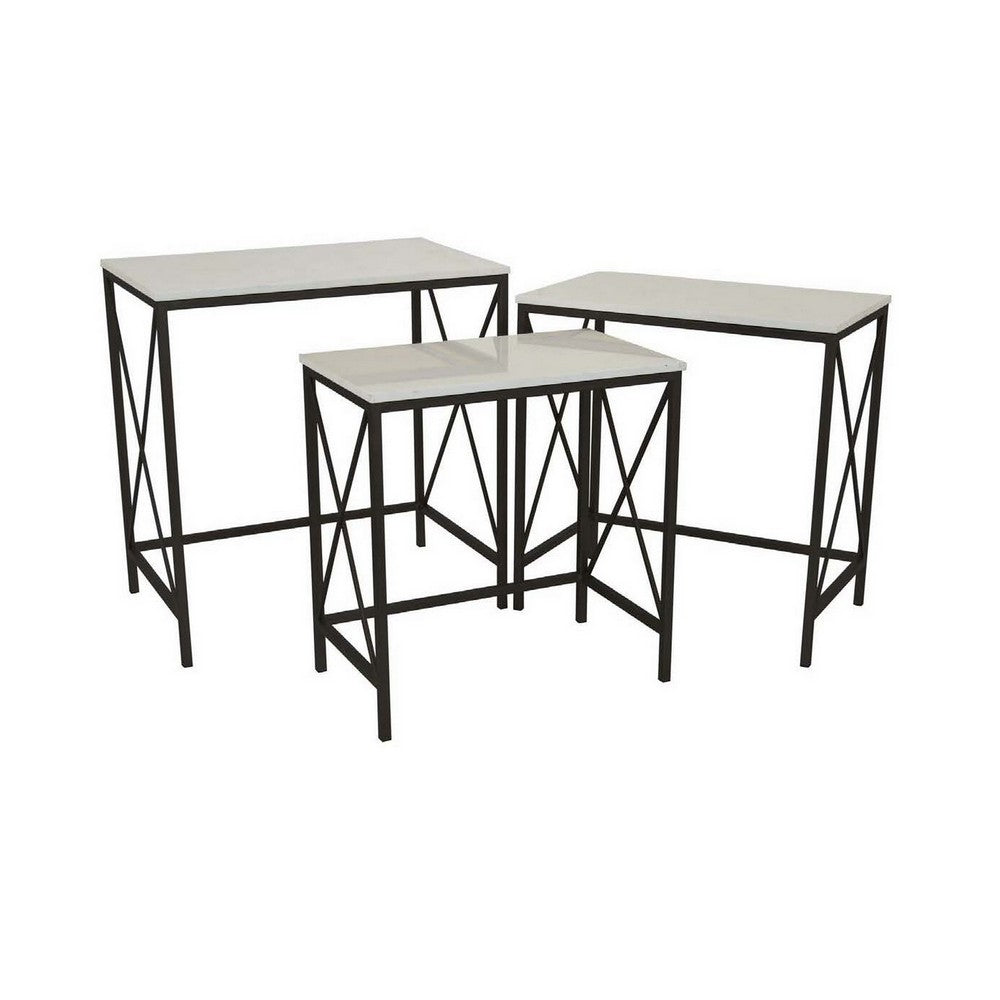 Zoe Plant Stand Table Set of 3 Metal Rectangular Marble Top Black Metal By Casagear Home BM310009