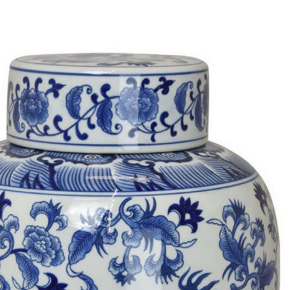 Gloomy 15 Inch Decorative Jar Ceramic Frame Blue and White Floral Print By Casagear Home BM310024