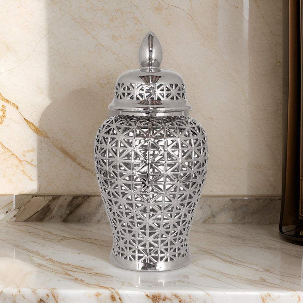 Paul 20 Inch Pierced Temple Jar with Lid, Intricate Pattern Ceramic, Silver By Casagear Home