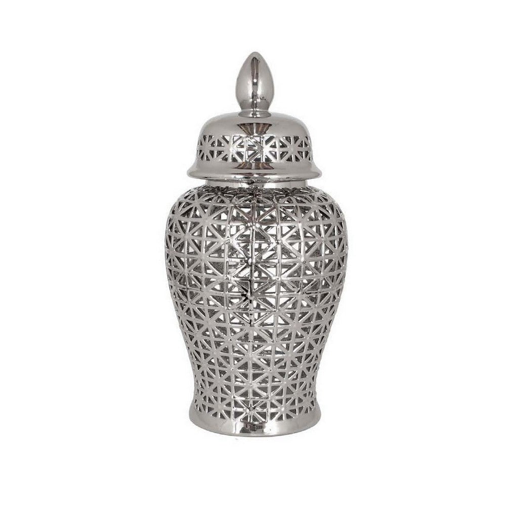 Paul 20 Inch Pierced Temple Jar with Lid Intricate Pattern Ceramic Silver By Casagear Home BM310037