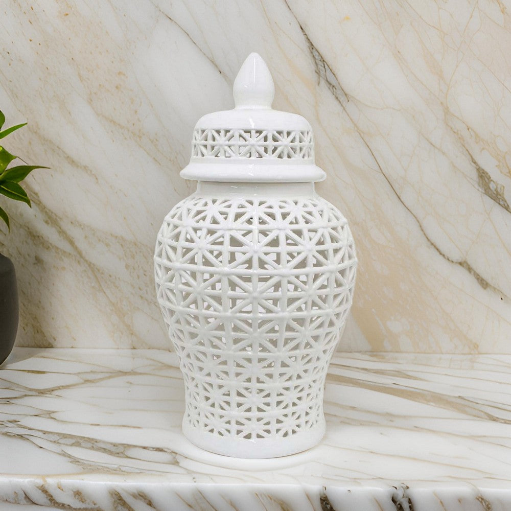 Paul 25 Inch Pierced Temple Jar with Lid, Intricate Pattern Ceramic, White By Casagear Home