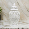 Paul 25 Inch Pierced Temple Jar with Lid, Intricate Pattern Ceramic, White By Casagear Home