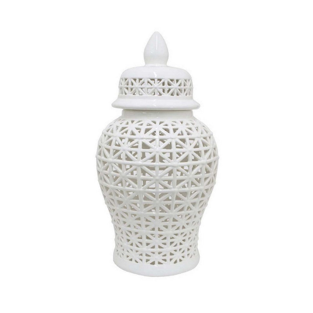 Paul 20 Inch Pierced Temple Jar with Lid Intricate Pattern Ceramic White By Casagear Home BM310042