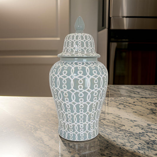 Deni 33 Inch Temple Jar, Removable Lid, Carved Pattern, Ceramic, Mint Green By Casagear Home