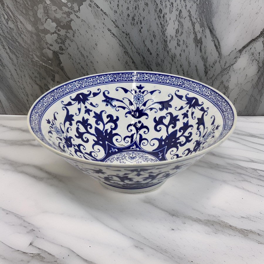 Cherry 16 Inch Decorative Bowl Ceramic Floral Design Blue and White By Casagear Home BM310051