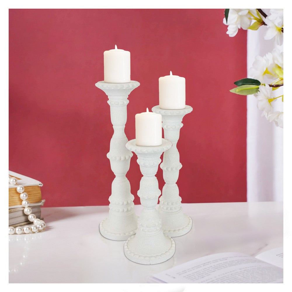 Accent Candle Holder Set of 3 Tall Pillars Heavy Base White Resin By Casagear Home BM310057