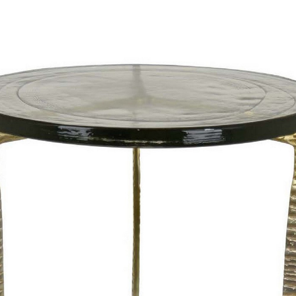 Lune 19 Inch Plant Stand Table 3 Legged Metal Base Glass Gold Black By Casagear Home BM310070