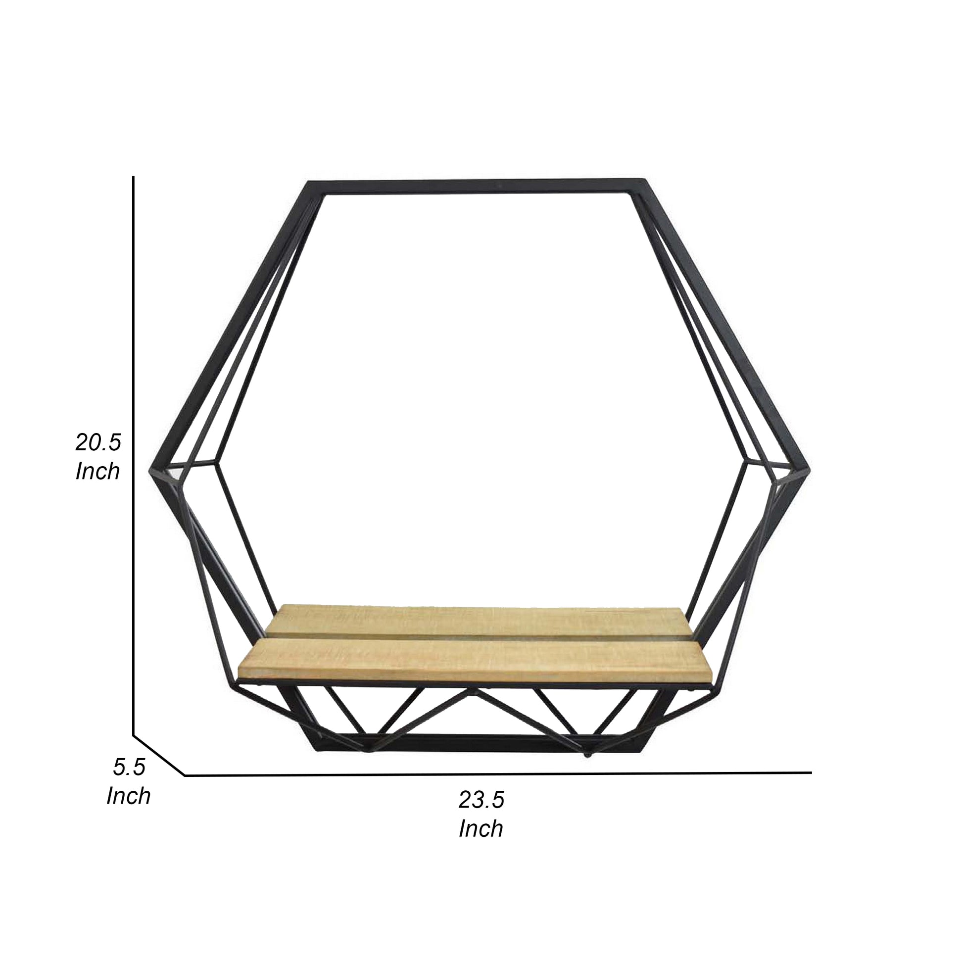 24 Inch Wall Mirror with Shelf Hexagon Shaped Metal Black Finish By Casagear Home BM310118