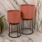 24 Inch Metal Planters with Stand, Set of 2, Terracotta and Black By Casagear Home