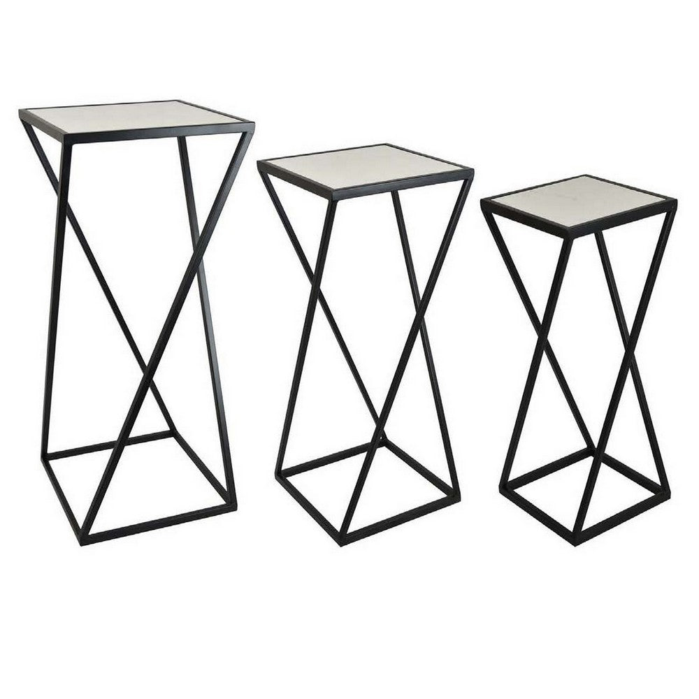 28 Inch Plant Stand Table Set of 3 Square X Crossed Base Metal Black By Casagear Home BM310129