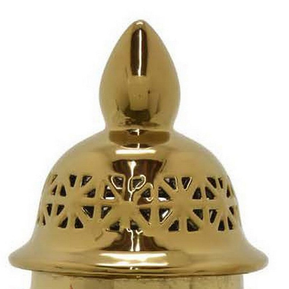 20 Inch Temple Jar Pierced Details Dome Lid Ceramic Gold Finish By Casagear Home BM310131