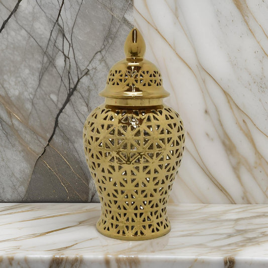 20 Inch Temple Jar, Pierced Details, Dome Lid, Ceramic, Gold Finish By Casagear Home