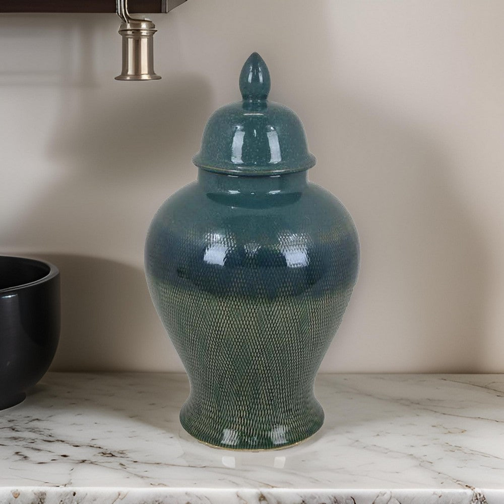 Caty 15 Inch Temple Jar, Finial Dome Lids, Classic, Ceramic, Green Finish By Casagear Home