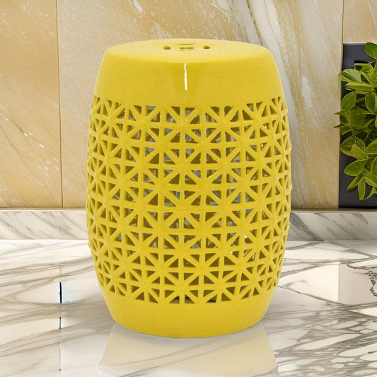 Vol 18 Inch Plant Stand Table Stool, Cut Out Details, Drum Shape, Yellow By Casagear Home