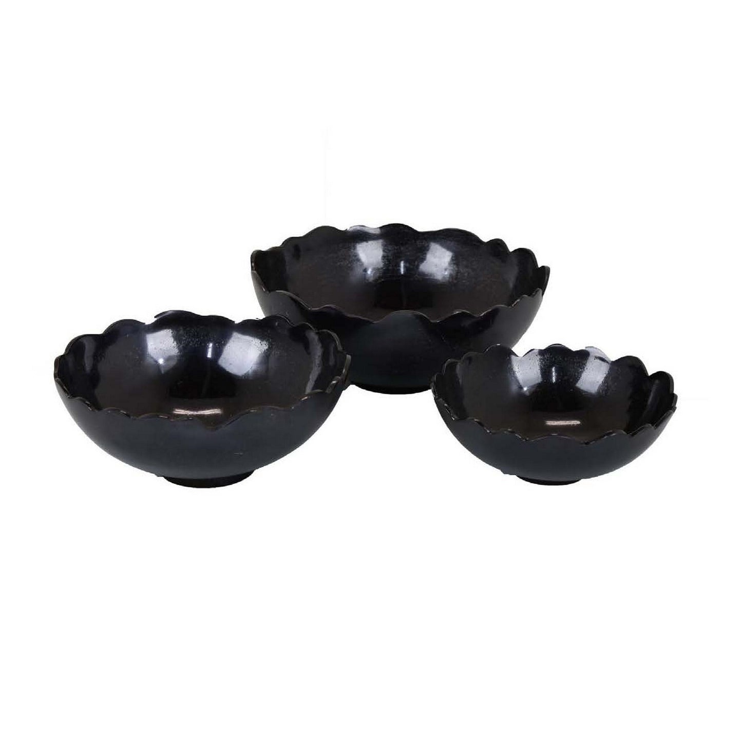 Bonz Set of 3 Bowls Unique Top Shape Round Base Black Metal Finish By Casagear Home BM310159