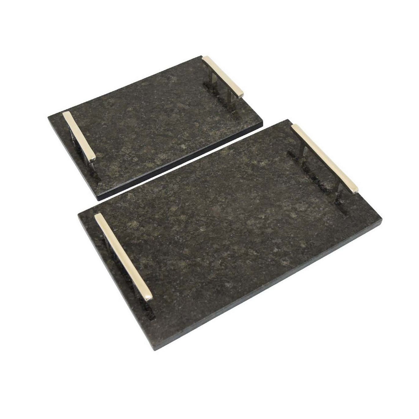 Entro Tray Set of 2 Rectangular Shape 2 Gold Handles Black Finish Marble By Casagear Home BM310173