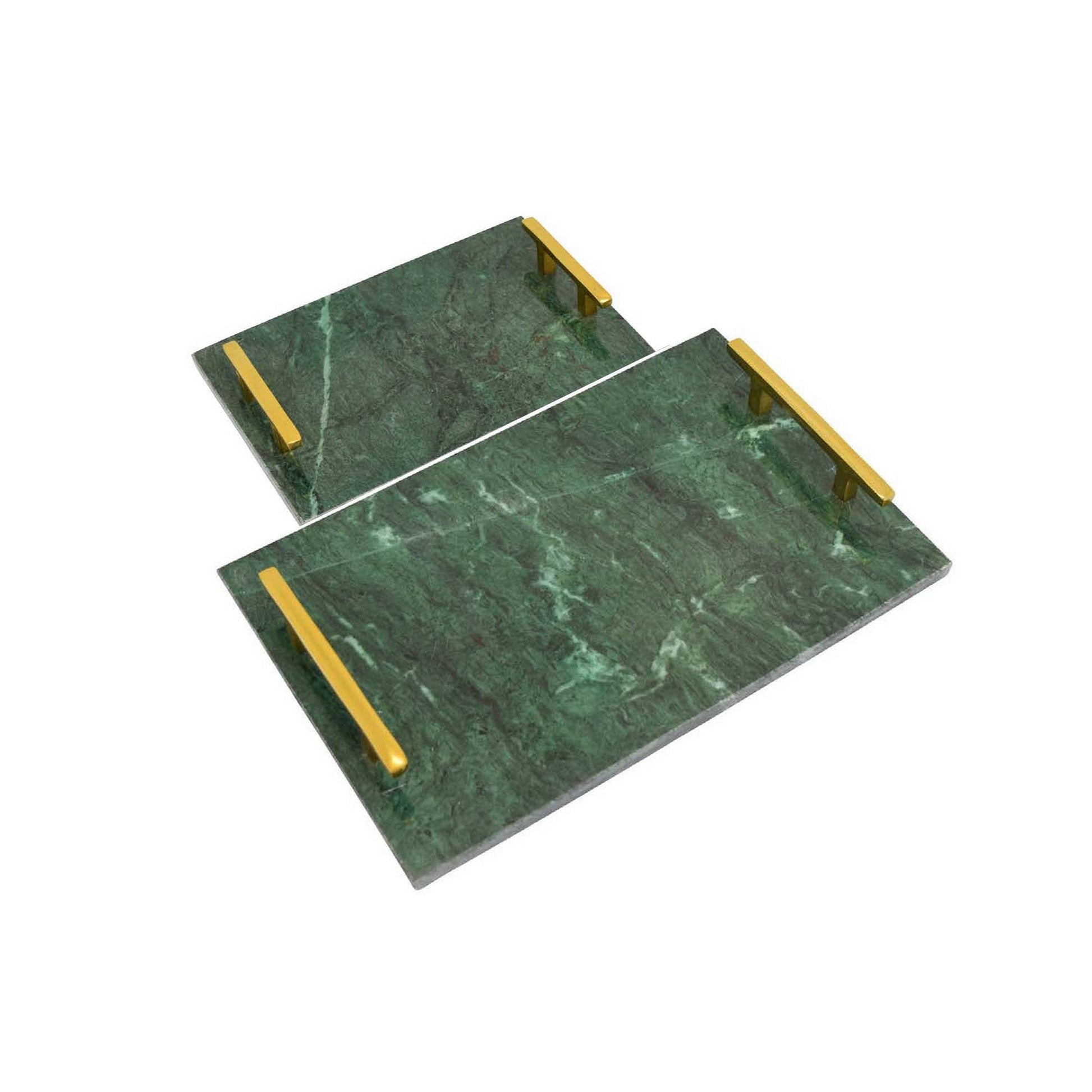 Entro Tray Set of 2 Rectangular Shape 2 Gold Handles Green Finish Marble By Casagear Home BM310174