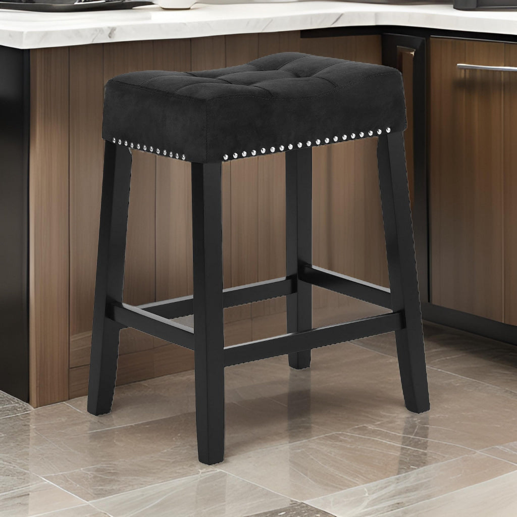 Jordan 26 Inch Counter Height Stool Saddle Seat Black Leather and Wood By Casagear Home BM310205