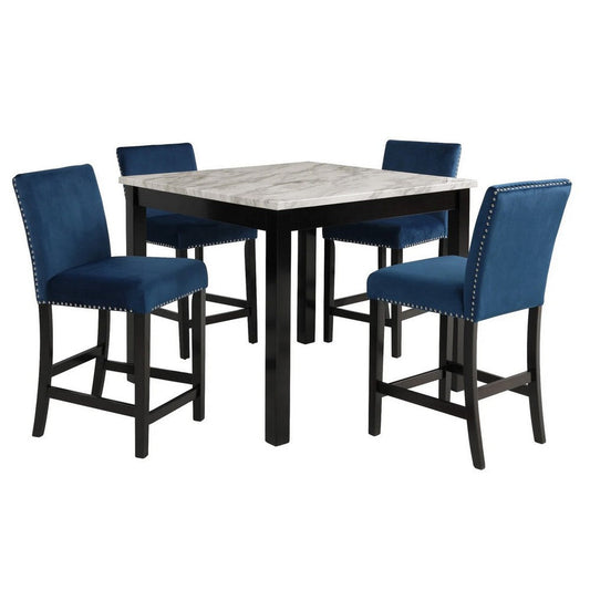 Jordan 5 Piece Counter Height Table Set, 4 Chairs, Wood, Royal Blue Velvet By Casagear Home