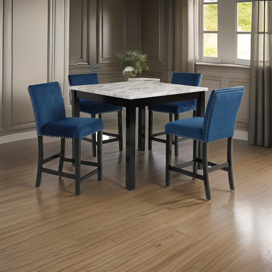 Jordan 5 Piece Counter Height Table Set 4 Chairs Wood Royal Blue Velvet By Casagear Home BM310208