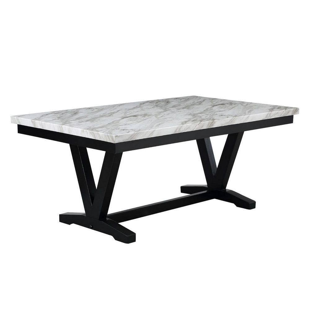 Oliver 72 Inch Dining Table With Faux Carrara Marble Top, White and Black By Casagear Home