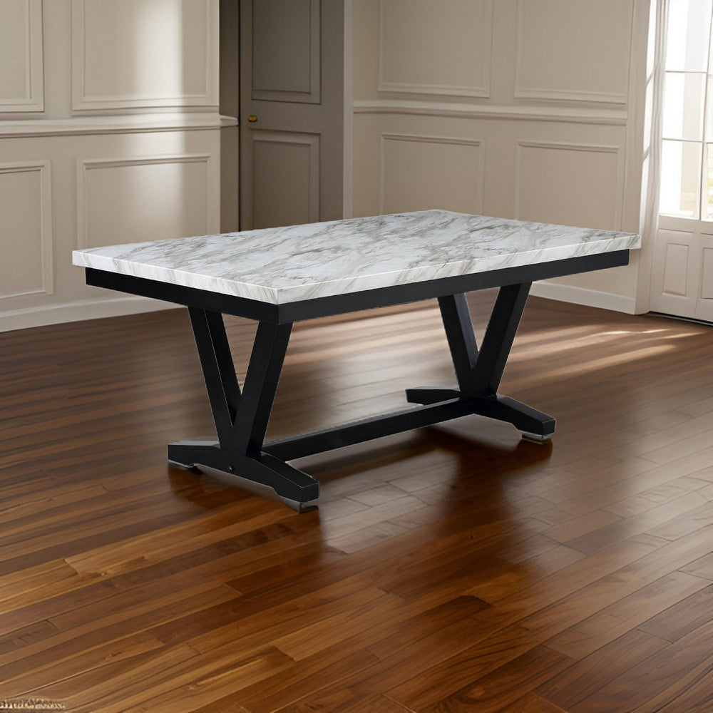 Oliver 72 Inch Dining Table With Faux Carrara Marble Top White and Black By Casagear Home BM310234