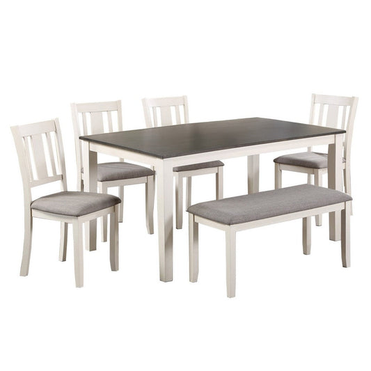 Casey 6 Piece Dining Table and Chairs Set with Bench, Farmhouse White, Gray By Casagear Home