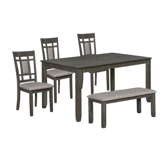 Lexie 6 Piece Dinette Set, 4 Chairs, 1 Table, Bench, Gray Wood and Fabric By Casagear Home