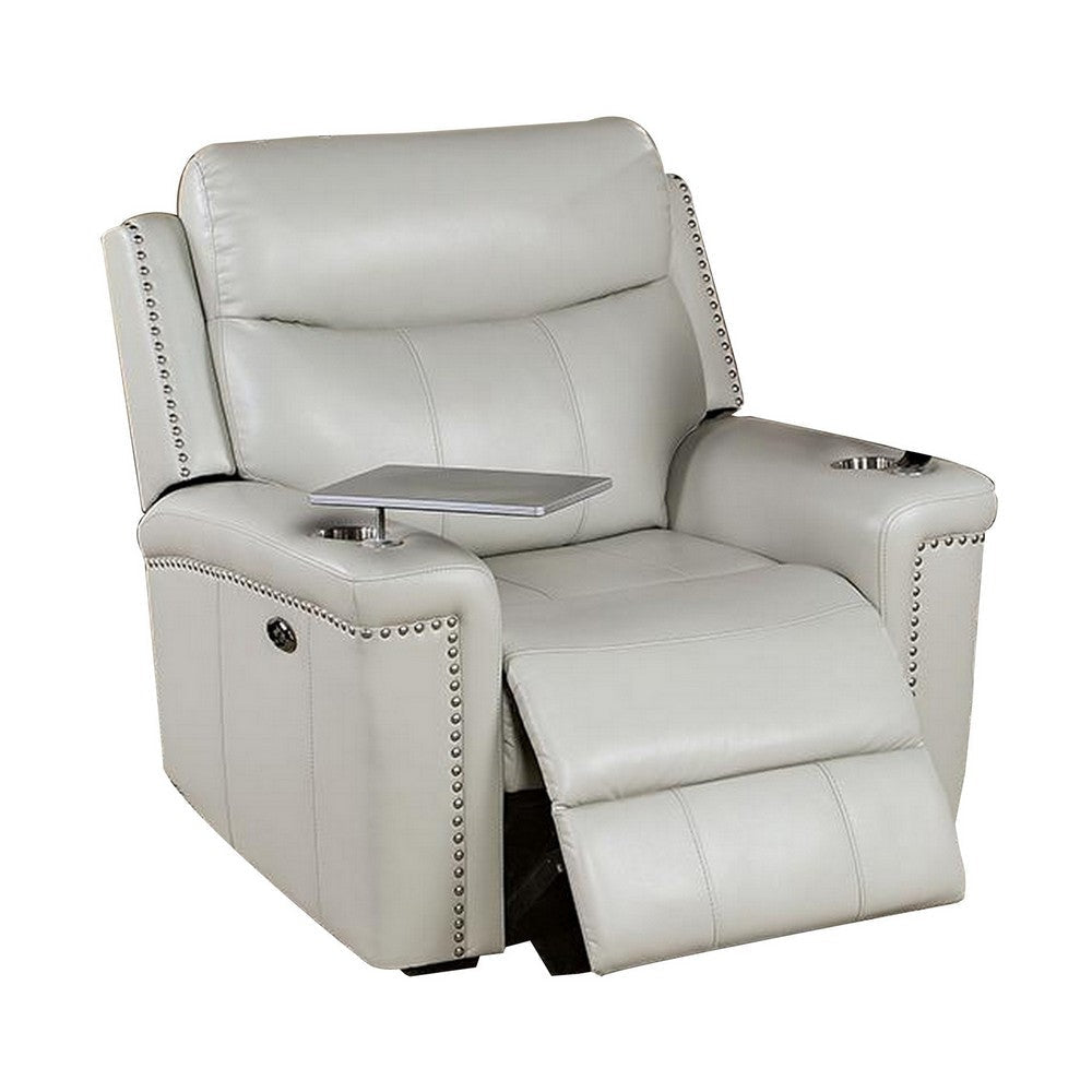 Flo 42 Inch Power Glider Recliner, USB Port, Faux Leather, Light Gray  By Casagear Home