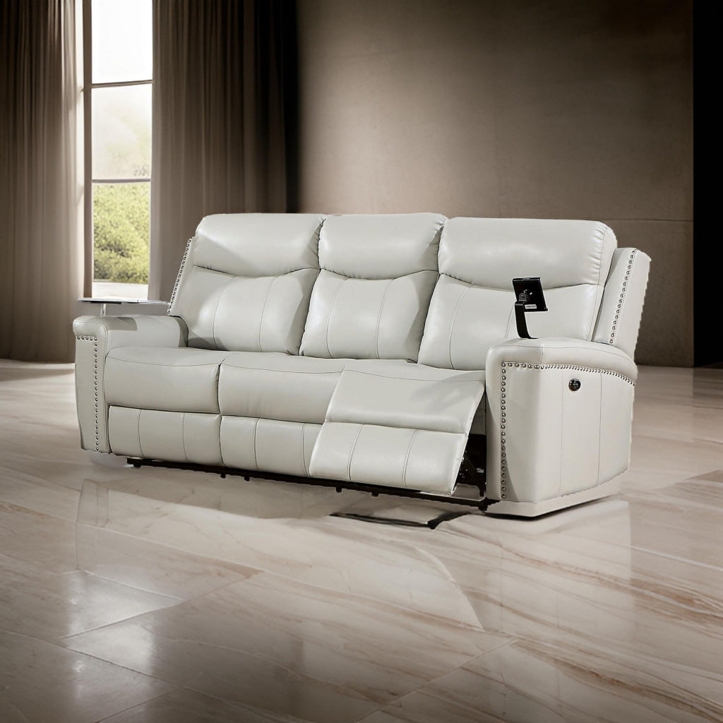 Flo 87 Inch Power Recliner Sofa, USB, Nailhead, Faux Leather, Light Gray By Casagear Home