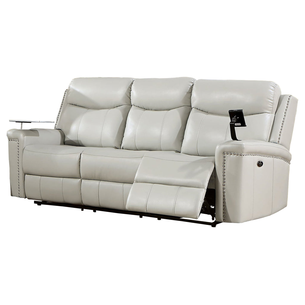 Flo 87 Inch Power Recliner Sofa USB Nailhead Faux Leather Light Gray By Casagear Home BM310891