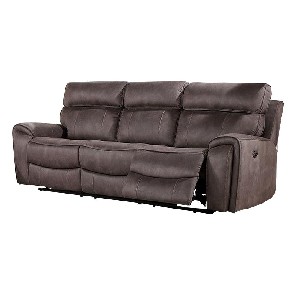 Clay 90 Inch Power Sofa, USB Port, Contrast Stitch, Faux Leather, Brown  By Casagear Home