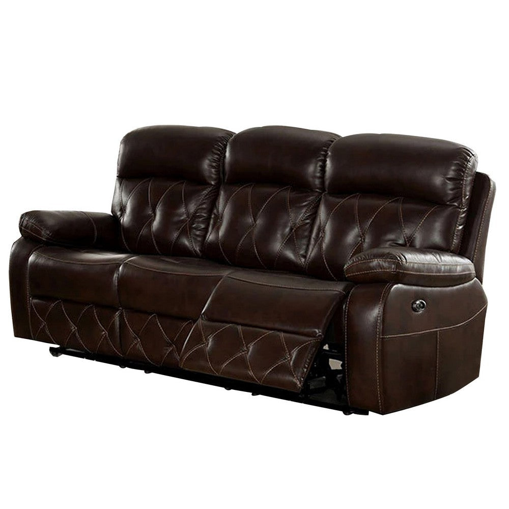 Dudd 84 Inch Power Recliner Sofa with USB Port Dark Brown Faux Leather By Casagear Home BM310900