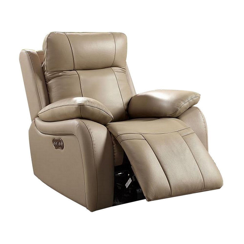 Gape 37 Inch Power Recliner Lumbar Padded USB Port Leather Light Brown By Casagear Home BM310902