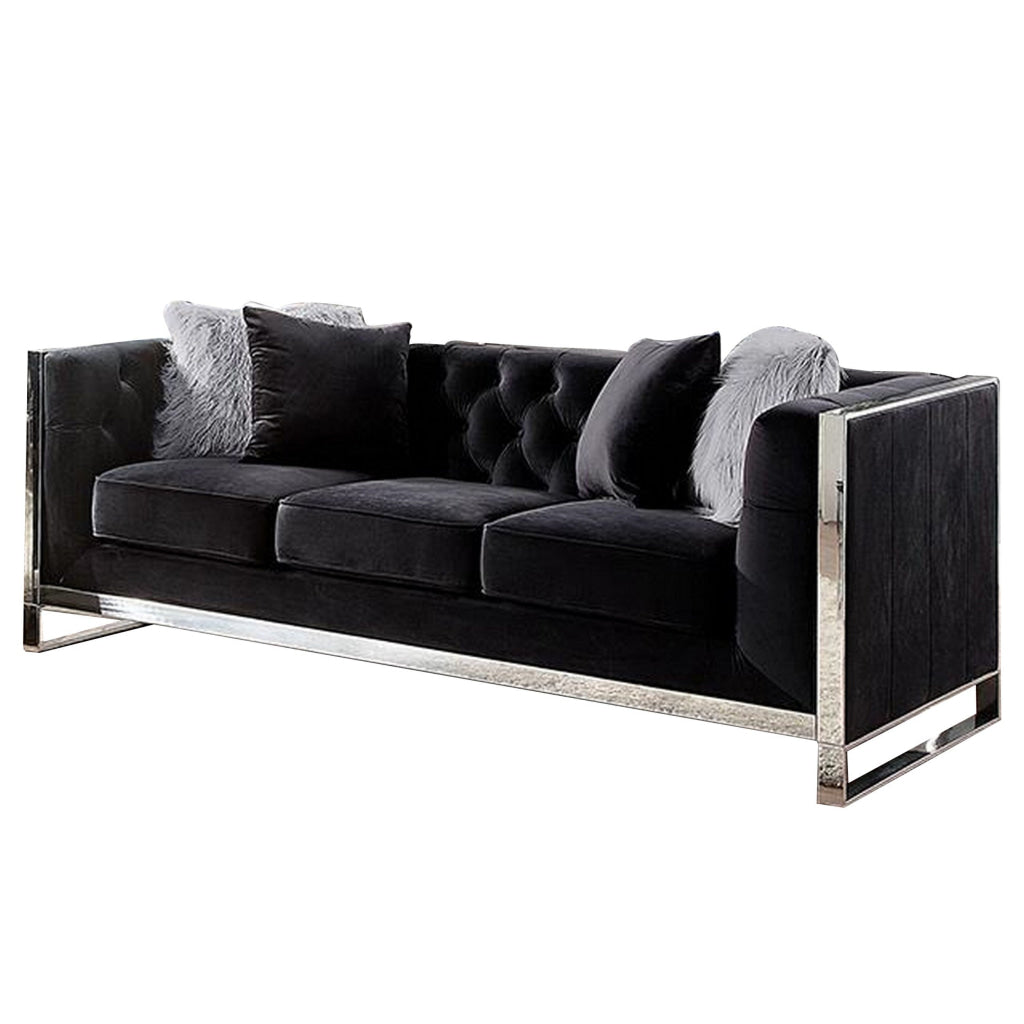 Vade 81 Inch Sofa with Pillows Stainless Steel Flannelette Black By Casagear Home BM310907